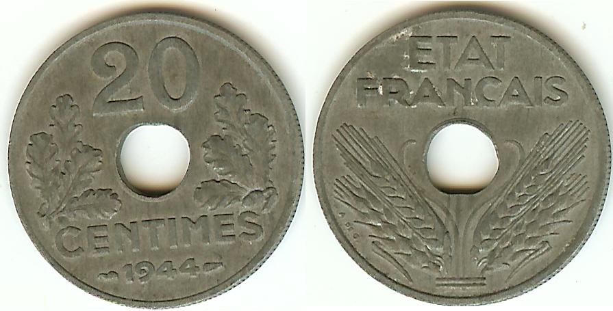 20 centimes État français, légère 1944 SUP-